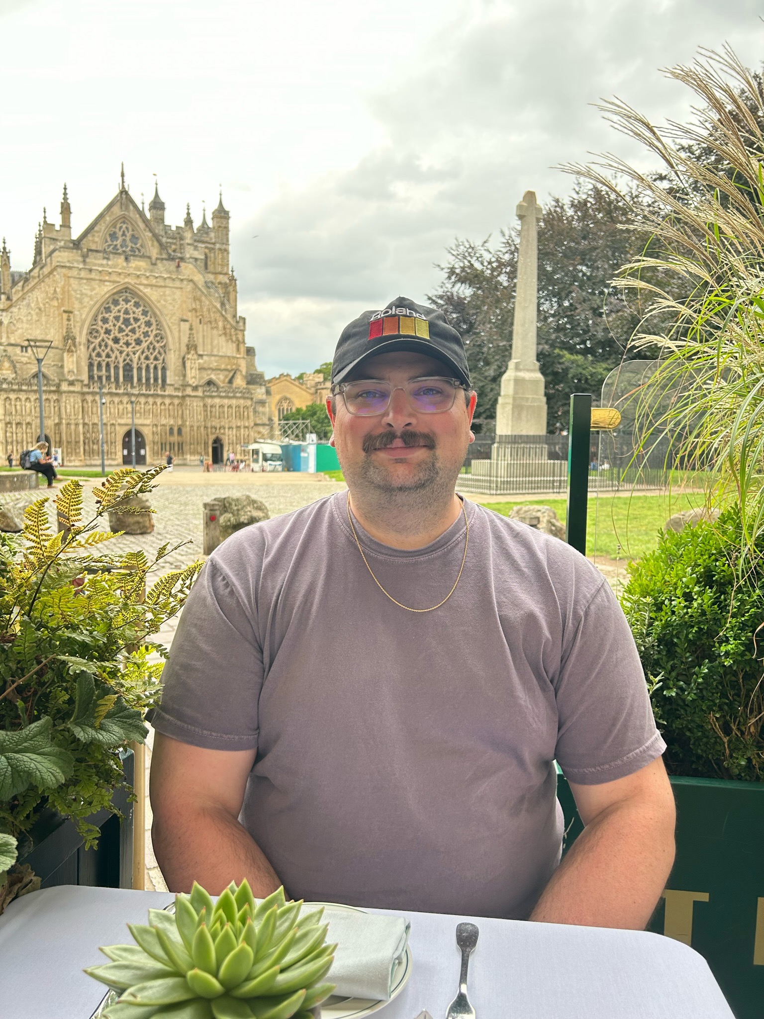 Me at afternoon tea outside Exeter Cathedral